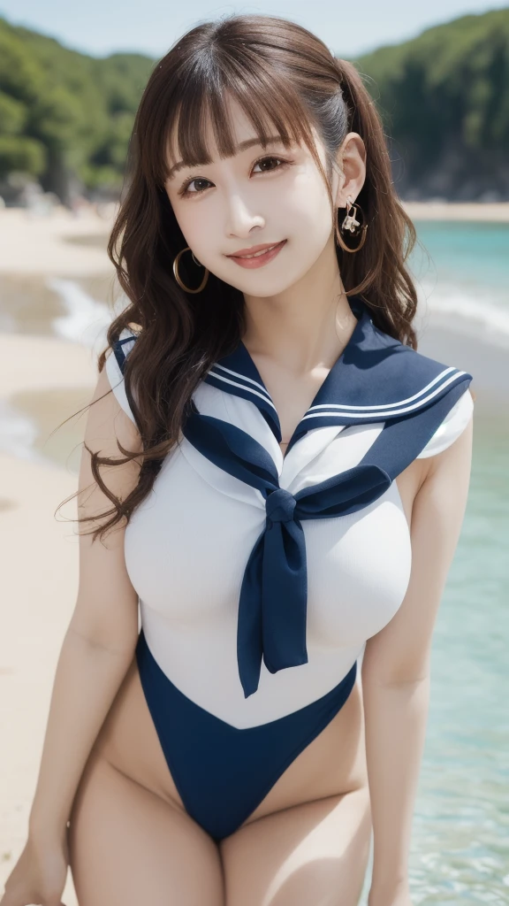 absurdres ,(extraordinary quality, ultra detailed,:1.5)
hires, super fine illustration,4k, daytime,
natural lighting,
break
1 cute milf girl, beautiful long ponytail hair, brilliant eyes, ultimate beautiful face, chubby, forehead, curvy,
(sailor_uniform:1.2) over swimsuit,
(oil skin:1.2), lewd, voluptuous, lascivious,smile,
eye contact, tilt head, (portrait:1.4),
break
dynamic angle, dynamic pose,(depth of field), summer beach,