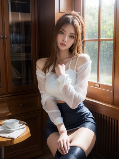 非常にdetailed, A complete solution, 非常にdetailedな美しい女の子, 非常にdetailed face, (Very beautiful eyes:1.8), The nose shape is correct., expressive lips, (Movie Scenes,Fantasy art,最high quality,high quality,High resolution,high qualityの質感,Attention to detail,Beautiful details,detailed,非常にdetailedなCG,detailedテクスチャー,Realistic facial expressions,Tabletop,in front,dynamic,bold),1 Girl,非常にdetailedな肌,curve,(Covered nipples:0.8),Beautiful breasts,Small breasts,Pale skin,Pointed Chest,Erect nipples,(Very thin hair),(Very soft hair),(Super straight bob hair),length, flowing bangs,Very light coppery amber hair,Hair above one eye,Very thin body,Smart Abs,(navy knee-length pencil skirt:1.5), Open chest, Mid-chest, Shiny , (Bra is sheer, White blouse :1.3)