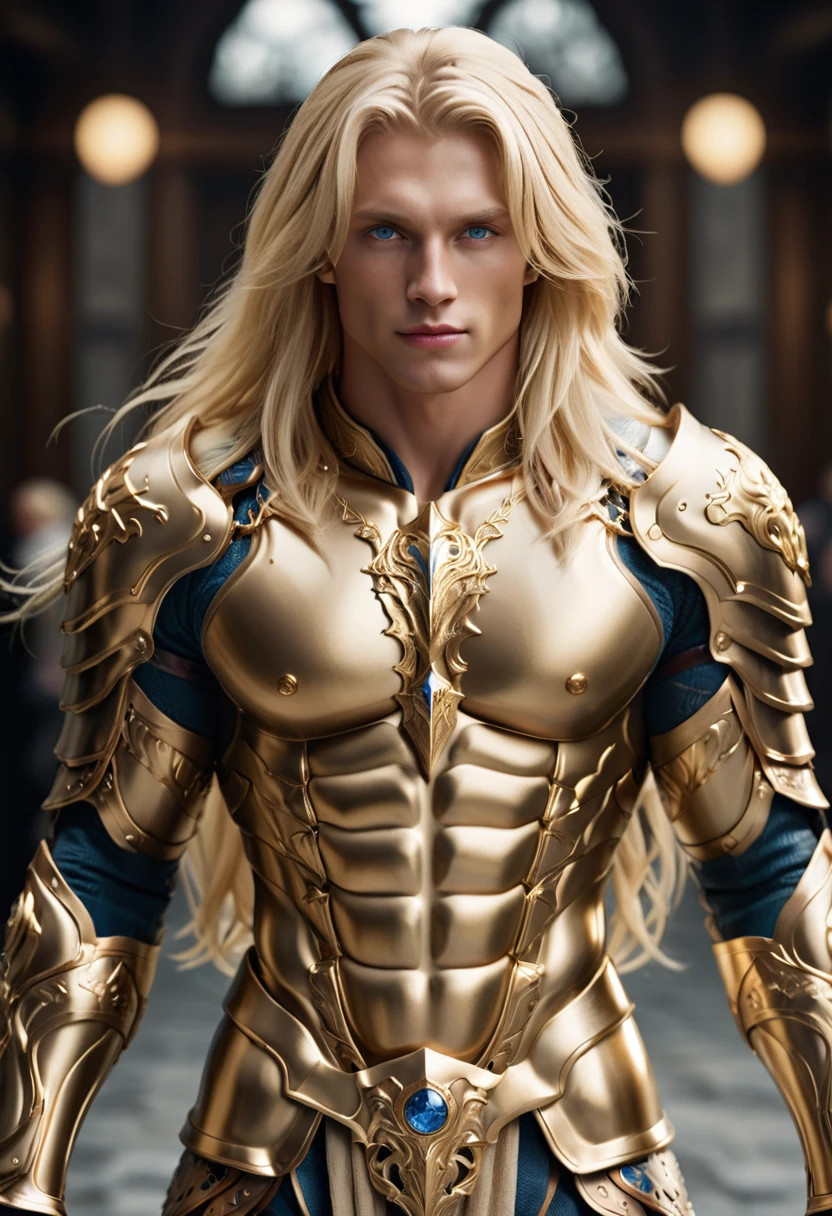 extremely handsome blond man, amazing quality, masterpiece, best quality, hyper detailed, ultra detailed, UHD, perfect anatomy, model, stylish pose, wearing fantastic armor, gold armor, full-body armor, blond hair, extremely detailed, Nordic man,
