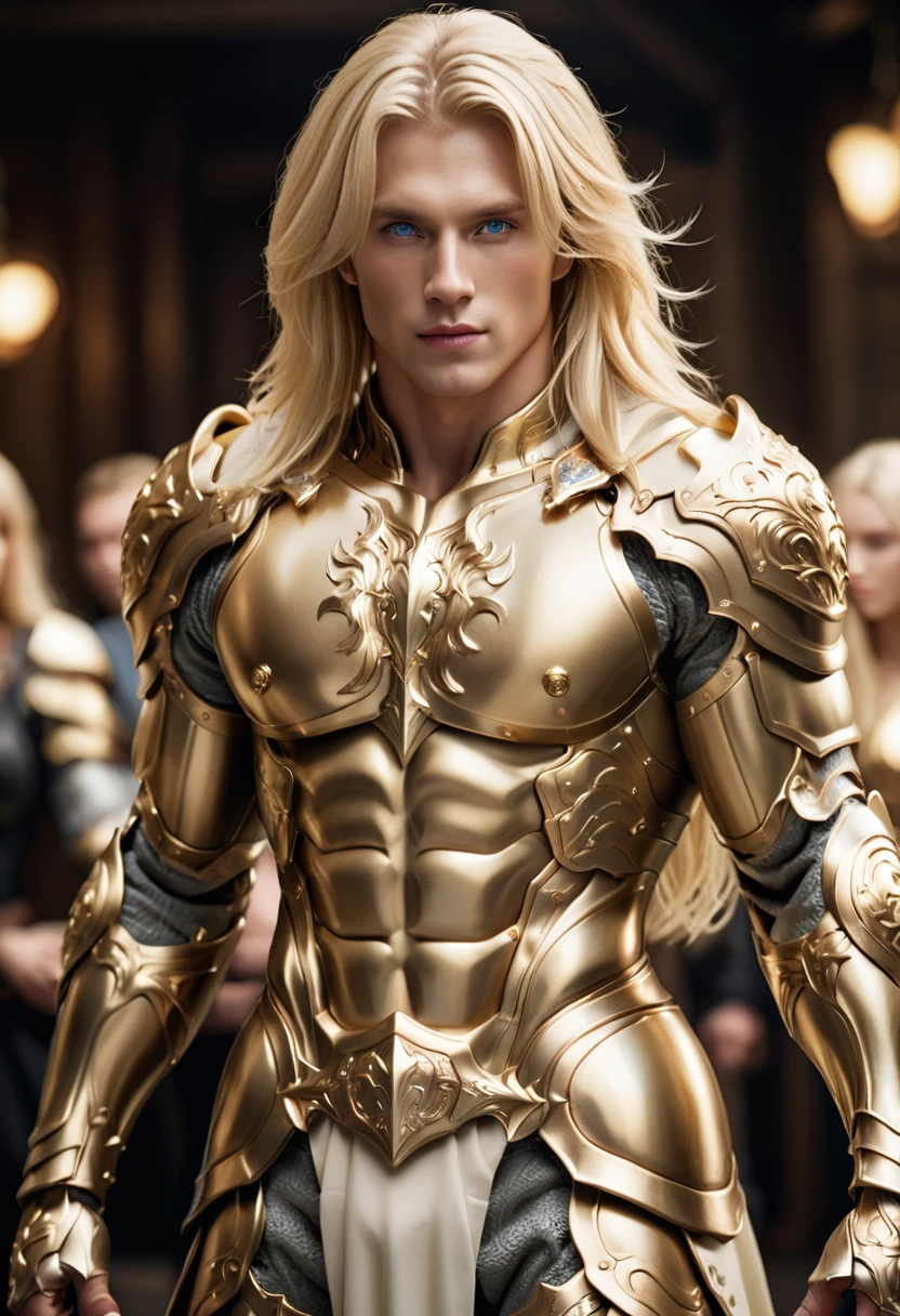 extremely handsome blond man, amazing quality, masterpiece, best quality, hyper detailed, ultra detailed, UHD, perfect anatomy, model, stylish pose, wearing fantastic armor, gold armor, full-body armor, blond hair, extremely detailed, Nordic man,
