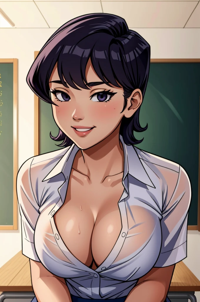 (masterpiece, best quality), intricate details, 1girl, komi_shouko, white shirt, classroom, seductive smile,cleavage, sweaty