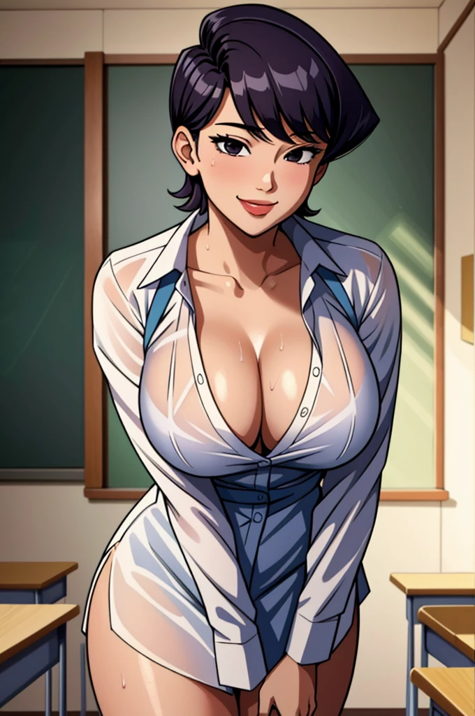 (masterpiece, best quality), intricate details, 1girl, komi_shouko, white shirt, classroom,  smile,, sweaty