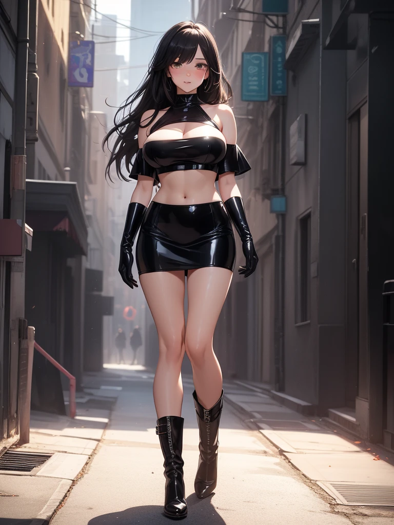 Full body, beatiful eyes, blush, cute face, realistic, 8k, best quality, masterpiece, (1 cute woman, solo: 1.1), very big breasts, long black hair, shiny black crop top, shiny black skirt, shiny black gloves, shiny black heel boots, naked shoulders