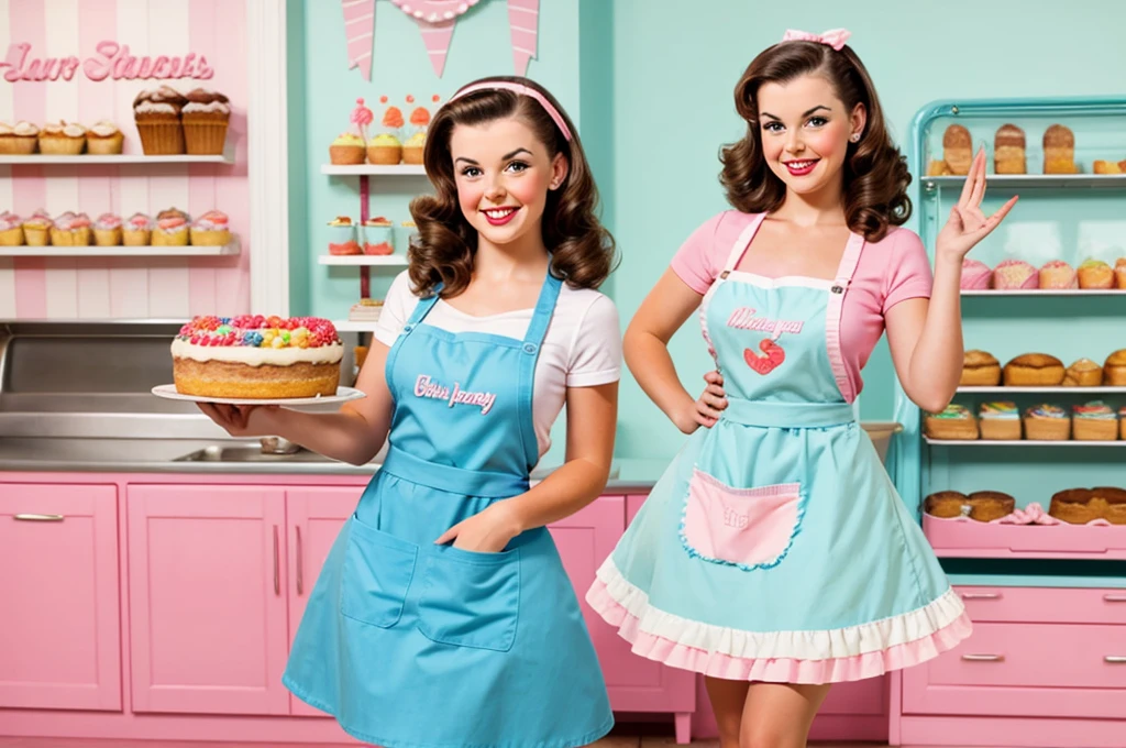 brunette pinup girl takes a cake out of the oven in a pinup style apron beautiful smile beautiful bakery bright light colors pastel