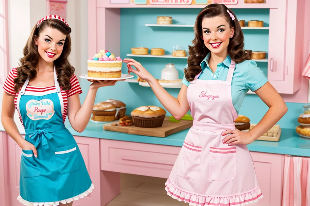 brunette pinup girl takes a cake out of the oven in a pinup style apron beautiful smile beautiful bakery bright light colors pastel