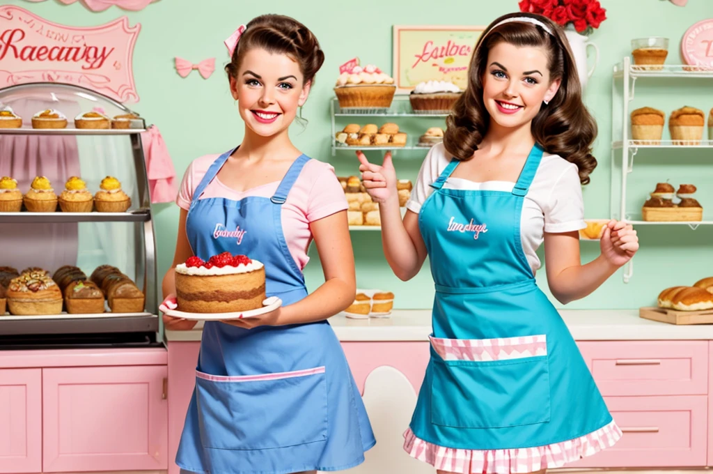 brunette pinup girl takes a cake out of the oven in a pinup style apron beautiful smile beautiful bakery bright light colors pastel