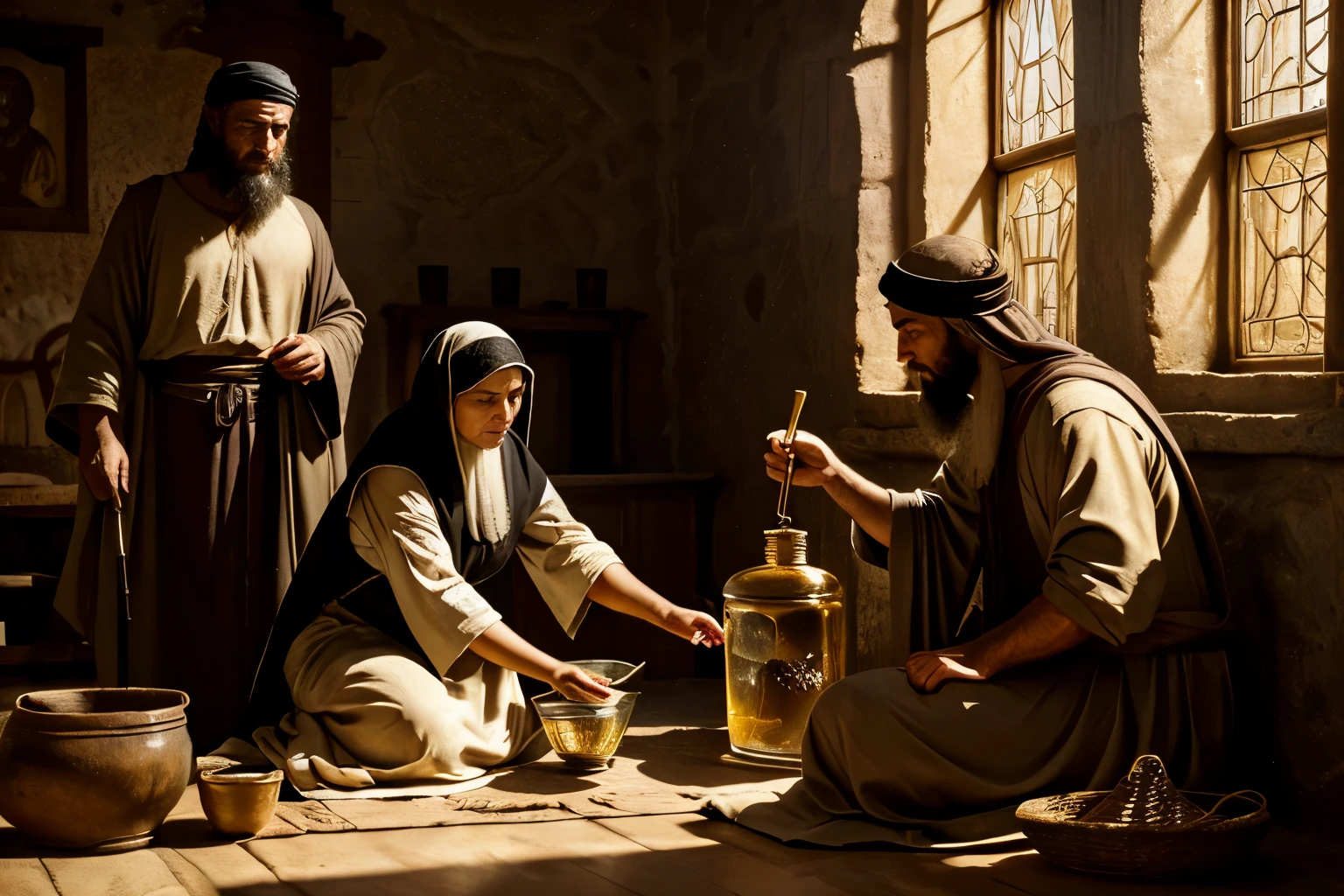 (The Widow with Oil and Prophet Ezekiel), (ancient Middle Eastern village), (widow pouring oil from a jar while Ezekiel looks on), (biblical narrative moment), (modest home with clay walls and simple furnishings), (soft, natural light filtering through a window), (inspired by Rembrandt), (realistic), (digital painting), (historical scene), (earthy tones with highlights of gold and brown), (high resolution, ultra-detailed), (masterpiece quality)