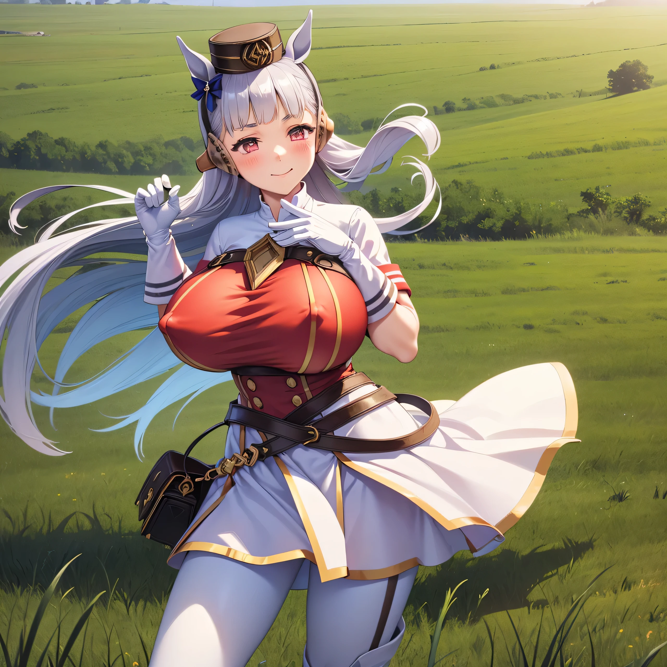 Dark color depiction、(masterpiece, Highest quality:1.2), alone, One girl, umpd gold ship, pillbox hat,White Dress,No sleeve, White Pantyhose, White gloves、boots, Horse tail,、grassland、Nature、blush、smile、Feel the wind、summer、Cowboy Shot、(Huge breasts:1.4)、Nipples are visible、Clothes are see-through、Jump