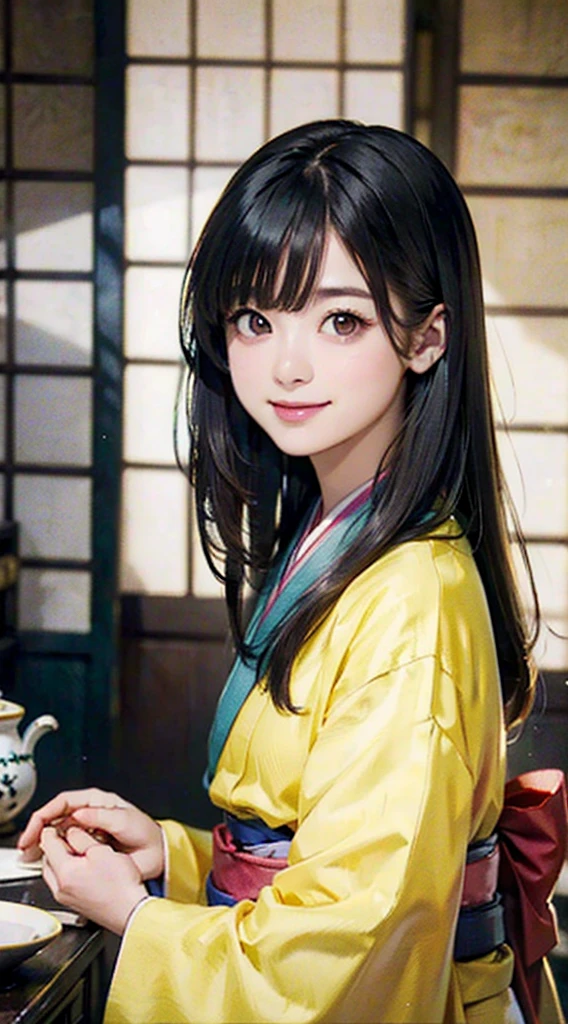 (Realistic)、(Realistic:1.2)、(High resolution)、Very detailed、Very beautiful face and eyes、1 girl、Delicate body、(highest quality、Attention to detail、Rich skin detail)、(highest quality、8k、Oil paint:1.2)、Very detailed、(Realistic、Realistic:1.37)、Bright colors、Full Body Shot,black_hair, Beautiful 8k eyes,Looking_in_Audience,One person in,Are standing,((Very beautiful woman, Fuller lips, Japanese pintern kimono))、((Colorful Japanese kimono)))、(((blackhair)))、(((Blunt bung，long straight hair)))、((( Inside an old Japanese house with a (short focus :1.4),)))、(masterpiece, highest quality, highest quality, Official Art, beautifully、aesthetic:1.2),(Fractal Art:1.3),Sengoku period、Greg Rutkowski Written by Alphonse Mucha Ropp,short ,uchikake,nishijin ori,(realistic light and shadow), (real and delicate background),(muted colors, dim colors, soothing tones:1.3), low saturation, (hyperdetailed:1.2), (noir:0.4),drow,blurry_light_background, (vibrant color:1.2), cinematic lighting, ambient lighting,Single Shot,Shallow Focus,pink lip,blurry light background,smile