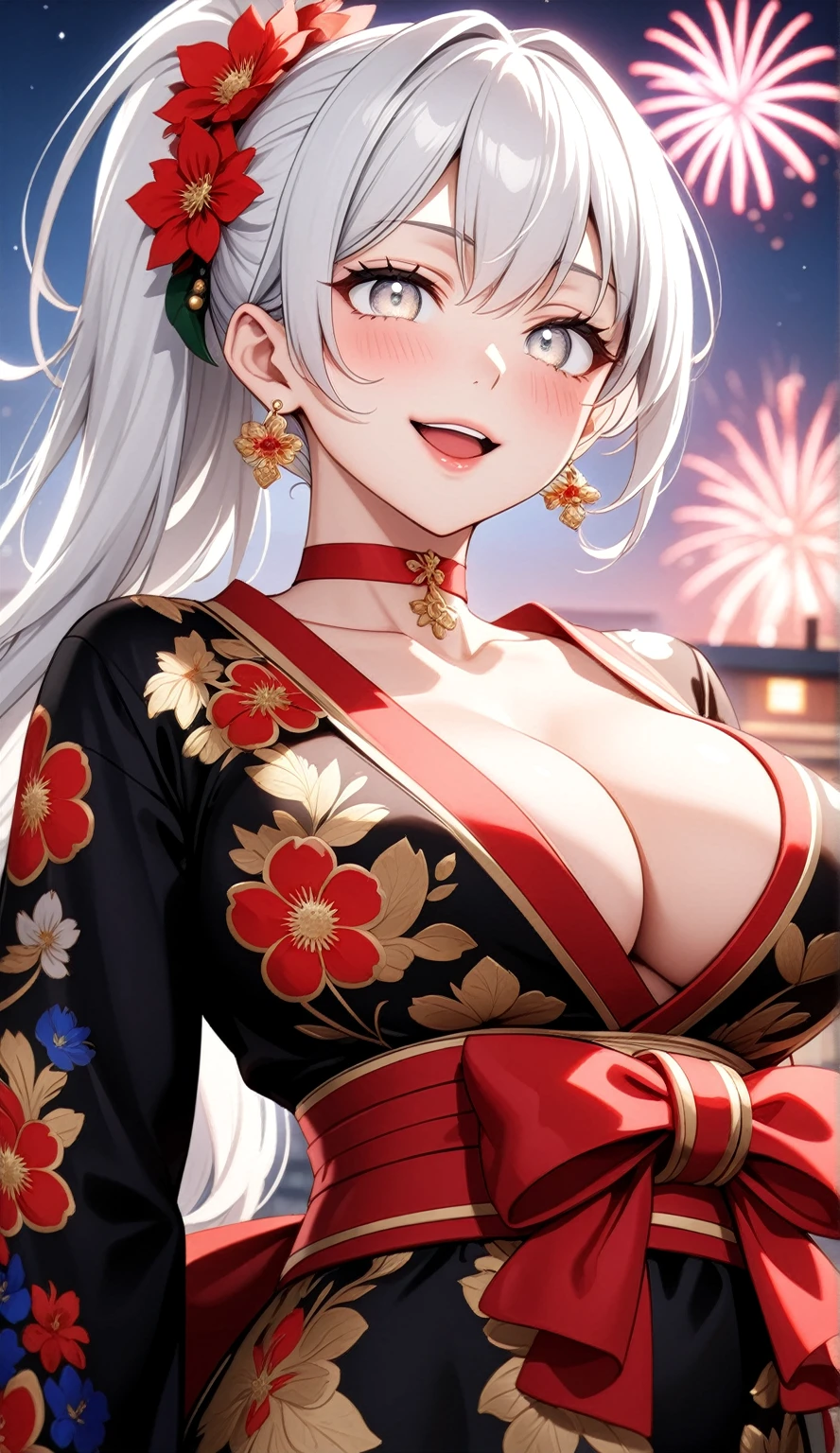 ((One personの女性)), Beautiful Face,Laughing embarrassedly,((Wink:1.9)),((Touch your lips)), Laugh with your mouth wide open,((Bright red cheeks:1.4)),Shiny red lips,night,rooftop,Festive decorations,You can see the ocean, firework,Laughing with your mouth open,Glossy pink lips, lighting,((Anime style background)),masterpiece, Highest quality, so beautiful,up to date, Complex details, (Pink long nails),(ring),(bracelet),(choker),AI-generated, Complex,High resolution, Highest quality, super high quality,3D Images、3D Images,One person,Long white hair,High Ponytail,(Pale eyes),Anime woman posing for a photo, ((fine grain、Silvery white colorful eyes、Shining Eyes:1.4)),(Squint your eyes:1.1),a hyperRealistic , hyperRealistic , Realistic,Anime woman with long white hair, Smooth anime CG art, A woman in a colorful kimono with gold embroidery, (Black long sleeve kimono),Red floral pattern,Long flower hair ornament,big floral earrings,Mature Body,(:1.1),expensive,Abdominal muscles,Tight waist,(Zoom up to face:1.7),Shooting from diagonally below
