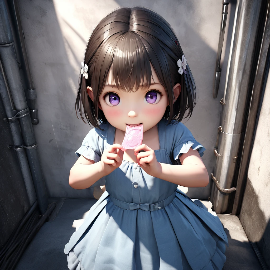 masterpiece, Highest quality, Very detailed, High resolution, An expensive solution, High resolution, 4K, 8K, ユニティ 8K 壁紙, Very detailed CG, masterpiece, Realistic, 2D, 3d, Beautiful details, depth, Fine texture, Super quality: 1.3, Fully focused, Crispy.skin, .he, Very cute anime girl about , Expensive silver short hair, Girl about 3 years oldetty blue dress, blush, Mole, Part your lips, hair ornaments, heart, Purple eyes、Hold a condom in your mouth、A defiant smile、Lifting her skirt, a dark alley、Sit on the air conditioner's outdoor unit