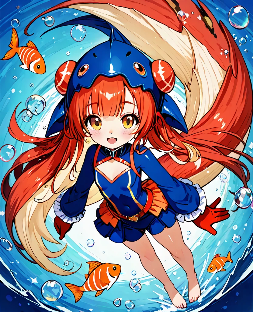 (Ultra high-resolution masterpiece, best quality, ultra-detailed representation) ,A girl in a fish costume, fish head helm, fin gloves, fish scale bodysuit,BREAK.cute,16yo,n deep sea,barefoot,shiny skin,(bubble:1.3),deepsea background,