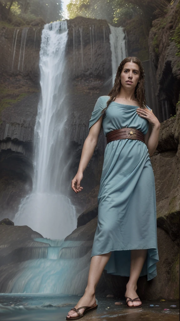 An image of Matthew the disicle of God in an ancient period behind a waterfall and the dress with a tunic and sandals from the ancient period 