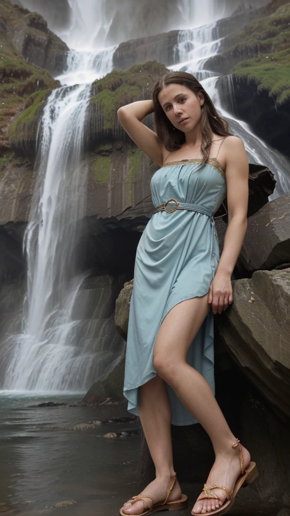 An image of Matthew the disicle of God in an ancient period behind a waterfall and the dress with a tunic and sandals from the ancient period