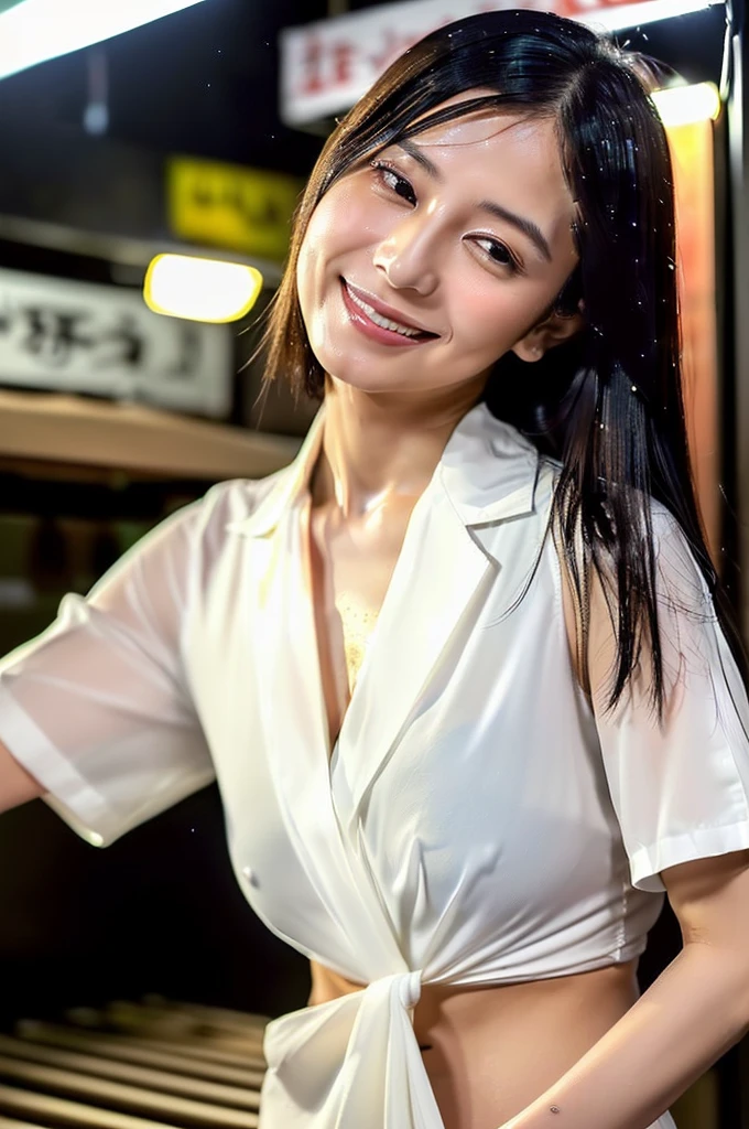 Ultra-realistic front-on portraits taken by a professional photographer。7 heads、((Highest quality)), ((masterpiece)), (detailed), (midnight ,A Tokyo food stall in the dark under a new moon and light rain, Low Key Lighting:1.6)、(looking at viewer, Staring Intently , leaning forward:1.2), (hands on :1.6) , A very beautiful, extremely elegant and intelligent 42 year old Japanese woman.。Very intelligent and goddess-like face。(An extremely elegant, calm and modest smile, Being drunk、My eyes are watering、Strongly aroused、embarrassed ,blush, body:1.5)、A short, well-groomed, shiny black haircut。The skin is white and very smooth。(A simple business short-sleeved open-neck shirt in a very thin white fabric with a wide, deep neckline.:1.3)。　(Tokyo in the extremely hot and rainy summer、I'm pretty sweaty、Her clothes were soaking wet, and through the extremely thin fabric her skin and navy blue, lacy, high-end  were clearly visible.:1.9)。(A long navy pencil skirt with a long slit in the front,The clothes fit the body very well:1.8), (The line of the , collarbone and décolletage are extremely beautiful.:1.9)。She is looking straight at the camera with a very shy look on her face.。Light makeup and no piercings,