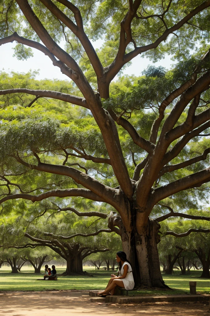 A girl is sitting under a big banyan tree