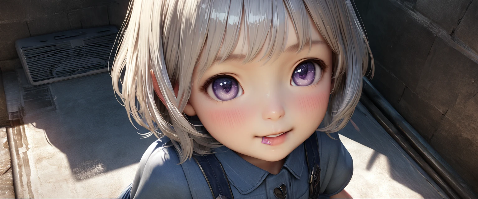 masterpiece, Highest quality, Very detailed, High resolution, An expensive solution, High resolution, 4K, 8K, ユニティ 8K 壁紙, Very detailed CG, masterpiece, Realistic, 2D, 3d, Beautiful details, depth, Fine texture, Super quality: 1.3, Fully focused, Crispy.skin, .he, Very cute anime girl about 3 years old, Expensive silver short hair, Girl about 3 years old, alone, pretty blue dress, blush, Mole, Part your lips, hair ornaments, heart, Purple eyes、Hold a condom in your mouth、A defiant smile、Lifting her skirt, a dark alley、Sit on the air conditioner's outdoor unit