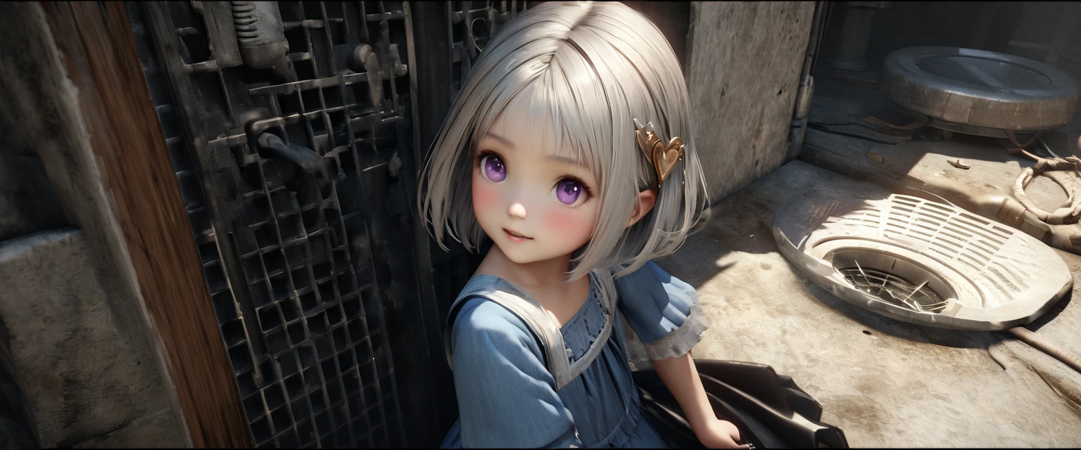 masterpiece, Highest quality, Very detailed, High resolution, An expensive solution, High resolution, 4K, 8K, ユニティ 8K 壁紙, Very detailed CG, masterpiece, Realistic, 2D, 3d, Beautiful details, depth, Fine texture, Super quality: 1.3, Fully focused, Crispy.skin, .he, Very cute anime girl about , Expensive silver short hair, Girl about 3 years oldetty blue dress, blush, Mole, Part your lips, hair ornaments, heart, Purple eyes、Hold a condom in your mouth、A defiant smile、Lifting her skirt, a dark alley、Sit on the air conditioner's outdoor unit