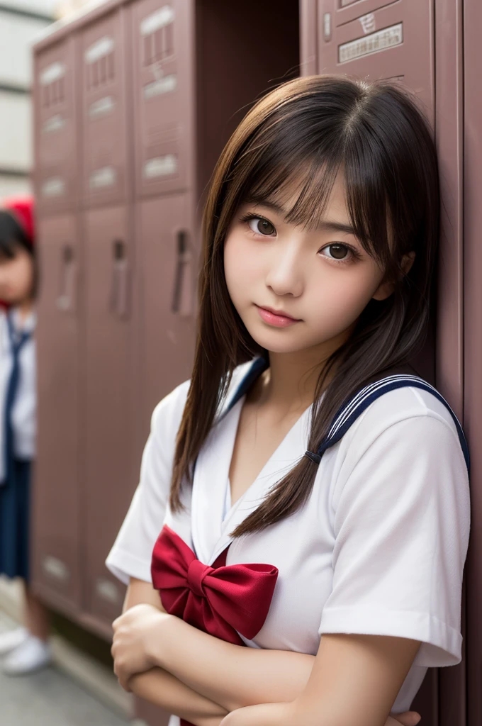 (1 Girl )、(Beautiful Japanese、18years old,round face、Refreshing、clear、seems kind、stylish、Pitiful、cute like an angel、cute、black eyes、,actress,Almond-shaped eyes,Translucent white skin、Beautiful skin), {(Japan human face:1.4)} , (((Beautiful breasts:0.4))),(((soft breasts))),(very cute),(short hair),(enchanting eyes),(highlight on eyes:1.2)、(8K、Live shooting、highest quality、masterpiece:1.2、optimal lighting)、((masterpiece)),(Photo taken by a professional photographer),(real、photo real:1.4),BREAK,{(cute Japanese high school sailor uniform),((traditional Sailor Suit:1.0))},(cheeks are red:1.3), BREAK, BREAK,Face shot:1.3、 face close-up,Looking at viewer,Lonely face:1.4,evening、Japan,evening、(((n front of the school shoe lockers))))