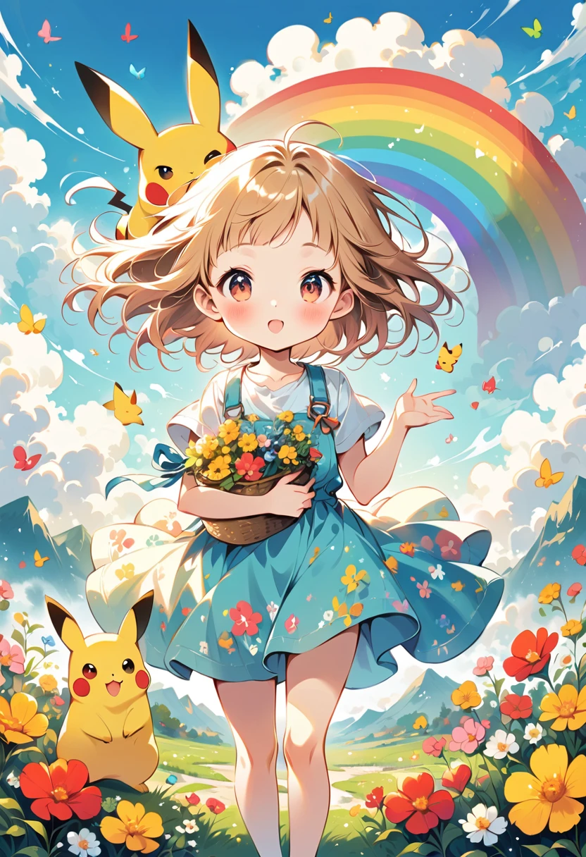 cute scene featuring Pikachu interacting with a rainbow. Use a bright and cheerful color palette with soft, painterly strokes. Pikachu should be standing joyfully at the end of a vibrant rainbow, surrounded by a field of blooming flowers and a clear blue sky. Include elements like fluffy white clouds and sun rays shining down to create a whimsical and enchanting atmosphere. The overall vibe should be warm and heartwarming, capturing the playful and magical essence of Pikachu and the rainbow.