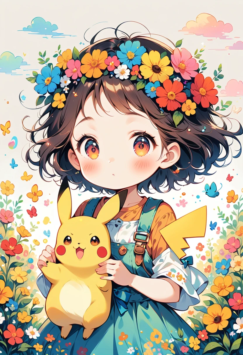 cute scene featuring Pikachu interacting with a rainbow. Use a bright and cheerful color palette with soft, painterly strokes. Pikachu should be standing joyfully at the end of a vibrant rainbow, surrounded by a field of blooming flowers and a clear blue sky. Include elements like fluffy white clouds and sun rays shining down to create a whimsical and enchanting atmosphere. The overall vibe should be warm and heartwarming, capturing the playful and magical essence of Pikachu and the rainbow.