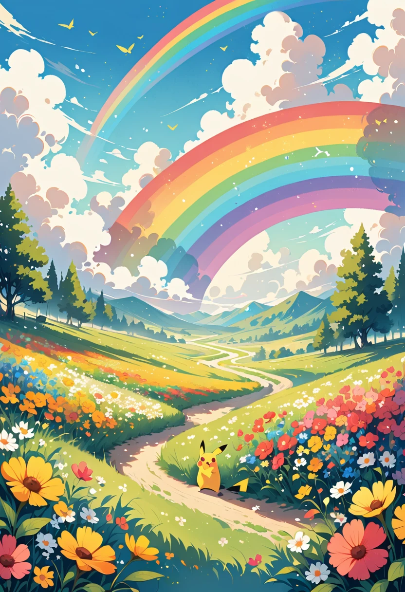 cute scene featuring Pikachu interacting with a rainbow. Use a bright and cheerful color palette with soft, painterly strokes. Pikachu should be standing joyfully at the end of a vibrant rainbow, surrounded by a field of blooming flowers and a clear blue sky. Include elements like fluffy white clouds and sun rays shining down to create a whimsical and enchanting atmosphere. The overall vibe should be warm and heartwarming, capturing the playful and magical essence of Pikachu and the rainbow.
