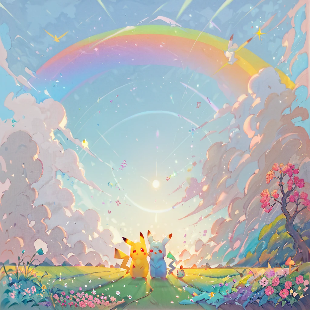 cute scene featuring Pikachu interacting with a rainbow. Use a bright and cheerful color palette with soft, painterly strokes. Pikachu should be standing joyfully at the end of a vibrant rainbow, surrounded by a field of blooming flowers and a clear blue sky. Include elements like fluffy white clouds and sun rays shining down to create a whimsical and enchanting atmosphere. The overall vibe should be warm and heartwarming, capturing the playful and magical essence of Pikachu and the rainbow.