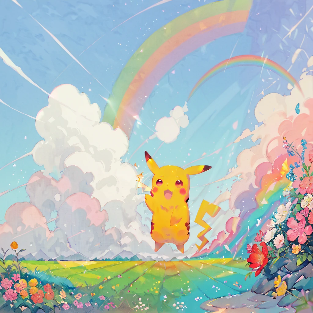 cute scene featuring Pikachu interacting with a rainbow. Use a bright and cheerful color palette with soft, painterly strokes. Pikachu should be standing joyfully at the end of a vibrant rainbow, surrounded by a field of blooming flowers and a clear blue sky. Include elements like fluffy white clouds and sun rays shining down to create a whimsical and enchanting atmosphere. The overall vibe should be warm and heartwarming, capturing the playful and magical essence of Pikachu and the rainbow.