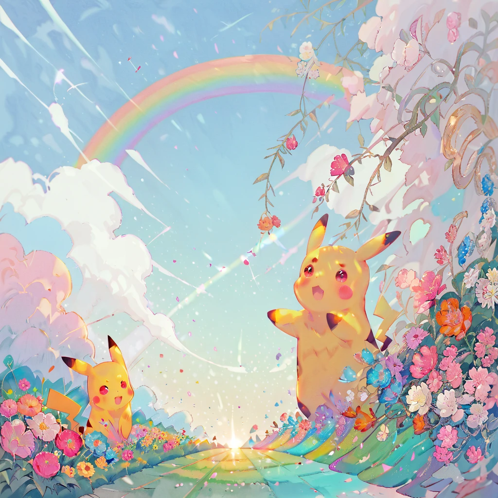 cute scene featuring Pikachu interacting with a rainbow. Use a bright and cheerful color palette with soft, painterly strokes. Pikachu should be standing joyfully at the end of a vibrant rainbow, surrounded by a field of blooming flowers and a clear blue sky. Include elements like fluffy white clouds and sun rays shining down to create a whimsical and enchanting atmosphere. The overall vibe should be warm and heartwarming, capturing the playful and magical essence of Pikachu and the rainbow.