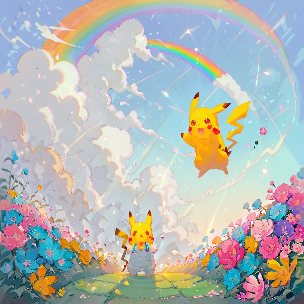cute scene featuring Pikachu interacting with a rainbow. Use a bright and cheerful color palette with soft, painterly strokes. Pikachu should be standing joyfully at the end of a vibrant rainbow, surrounded by a field of blooming flowers and a clear blue sky. Include elements like fluffy white clouds and sun rays shining down to create a whimsical and enchanting atmosphere. The overall vibe should be warm and heartwarming, capturing the playful and magical essence of Pikachu and the rainbow.