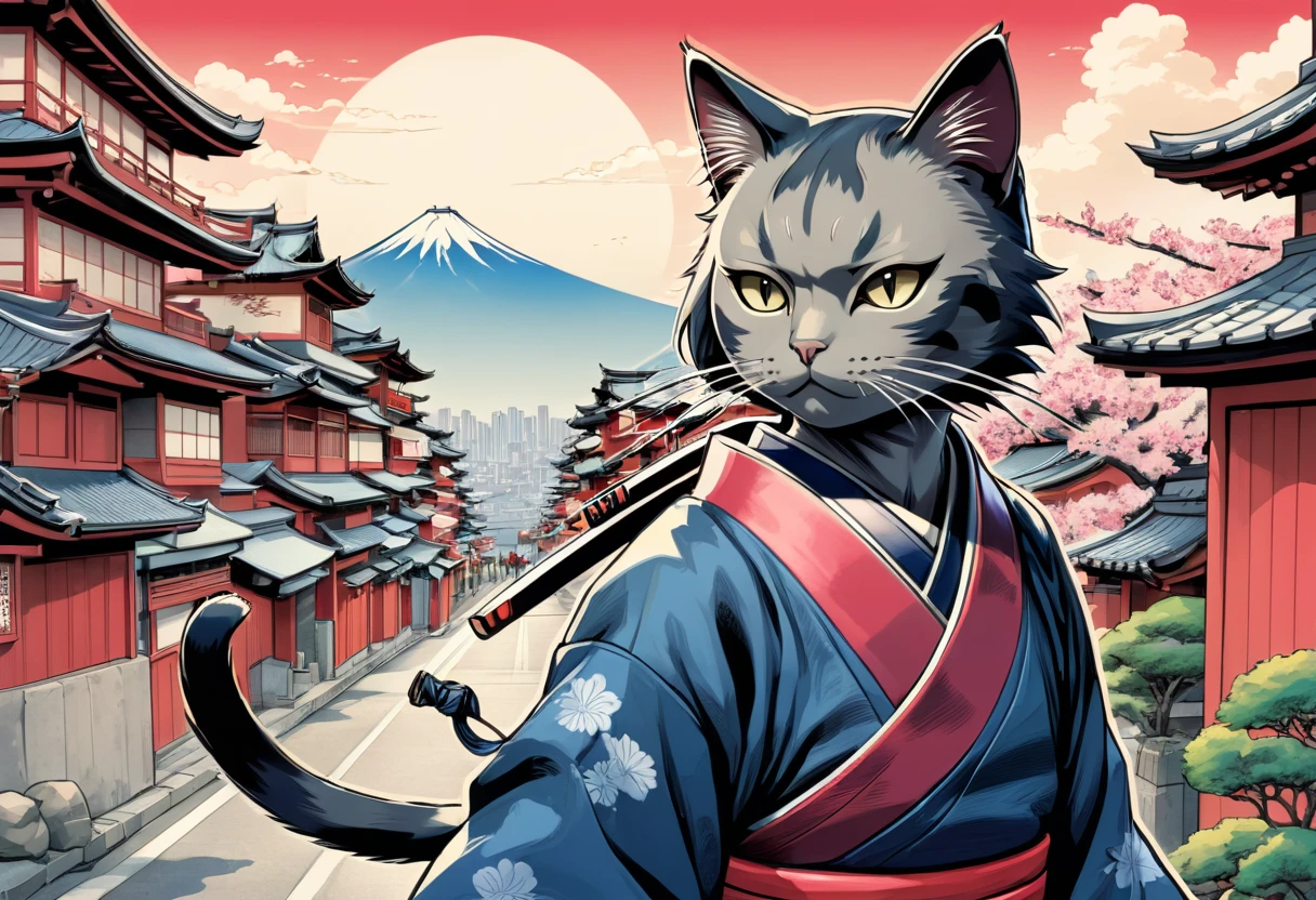 arte em tinta fina, comic style, portrait of japan, samurai cat, Glamour de Osaka, bela arte de linha, comic style, manga style, manga art style, pencil and ink caricature drawing, coloring, , other positions, corpo inteiro. Japan Background, cat ninja, desenho colorido. Old japan sity in background