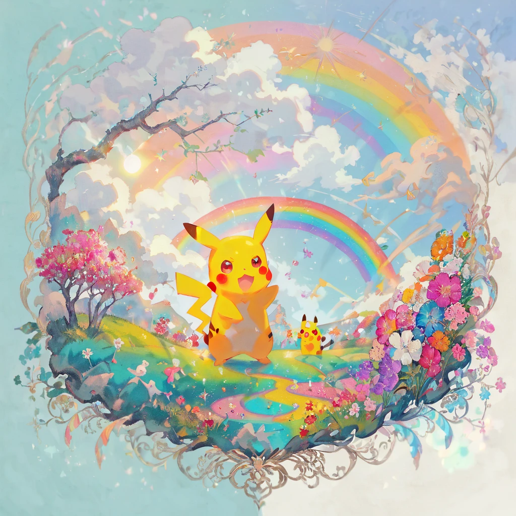 cute scene featuring Pikachu interacting with a rainbow. Use a bright and cheerful color palette with soft, painterly strokes. Pikachu should be standing joyfully at the end of a vibrant rainbow, surrounded by a field of blooming flowers and a clear blue sky. Include elements like fluffy white clouds and sun rays shining down to create a whimsical and enchanting atmosphere. The overall vibe should be warm and heartwarming, capturing the playful and magical essence of Pikachu and the rainbow.