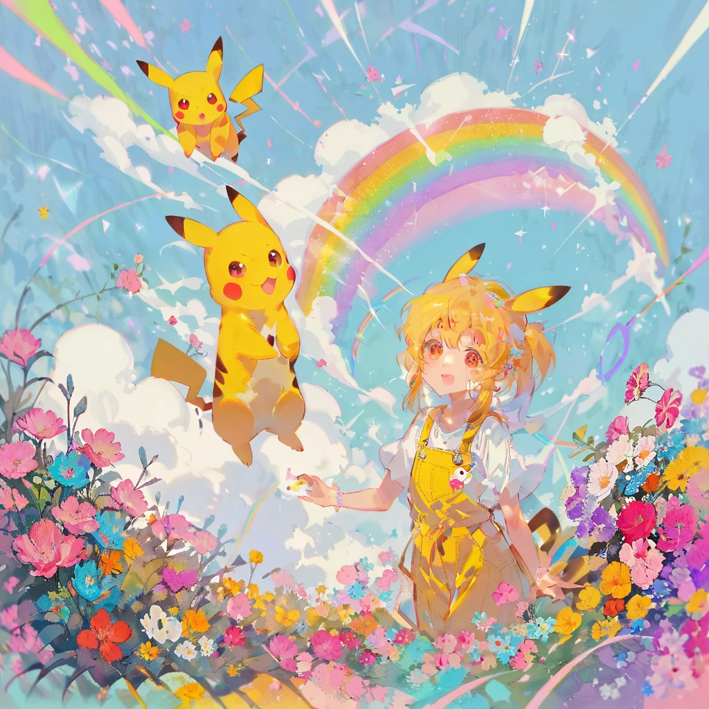 cute scene featuring Pikachu interacting with a rainbow. Use a bright and cheerful color palette with soft, painterly strokes. Pikachu should be standing joyfully at the end of a vibrant rainbow, surrounded by a field of blooming flowers and a clear blue sky. Include elements like fluffy white clouds and sun rays shining down to create a whimsical and enchanting atmosphere. The overall vibe should be warm and heartwarming, capturing the playful and magical essence of Pikachu and the rainbow.