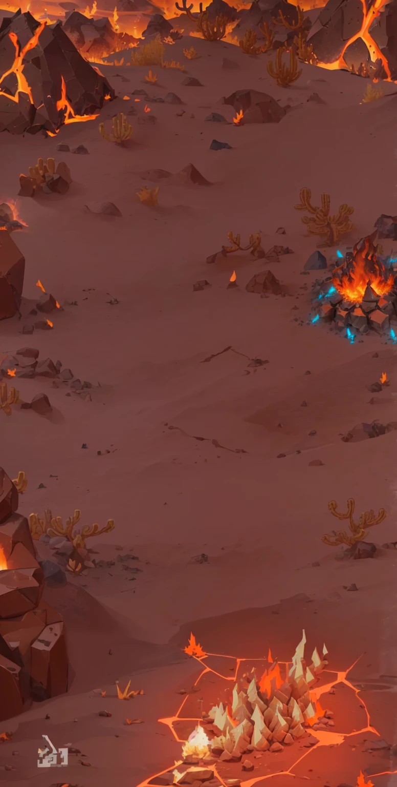 Cartoon illustration of a burning fire and skull in the desert, Invasion background, campfire background, Mobile game background, Burning battlefield background, odin's stone Arena Background, flame stones are scattered, Ironmaking pits, Background Air Combat, Hell Background, Game image, Background of the Invading Army, Scorched desert, Hot environment, Lava Display Cabinet, Arena Background