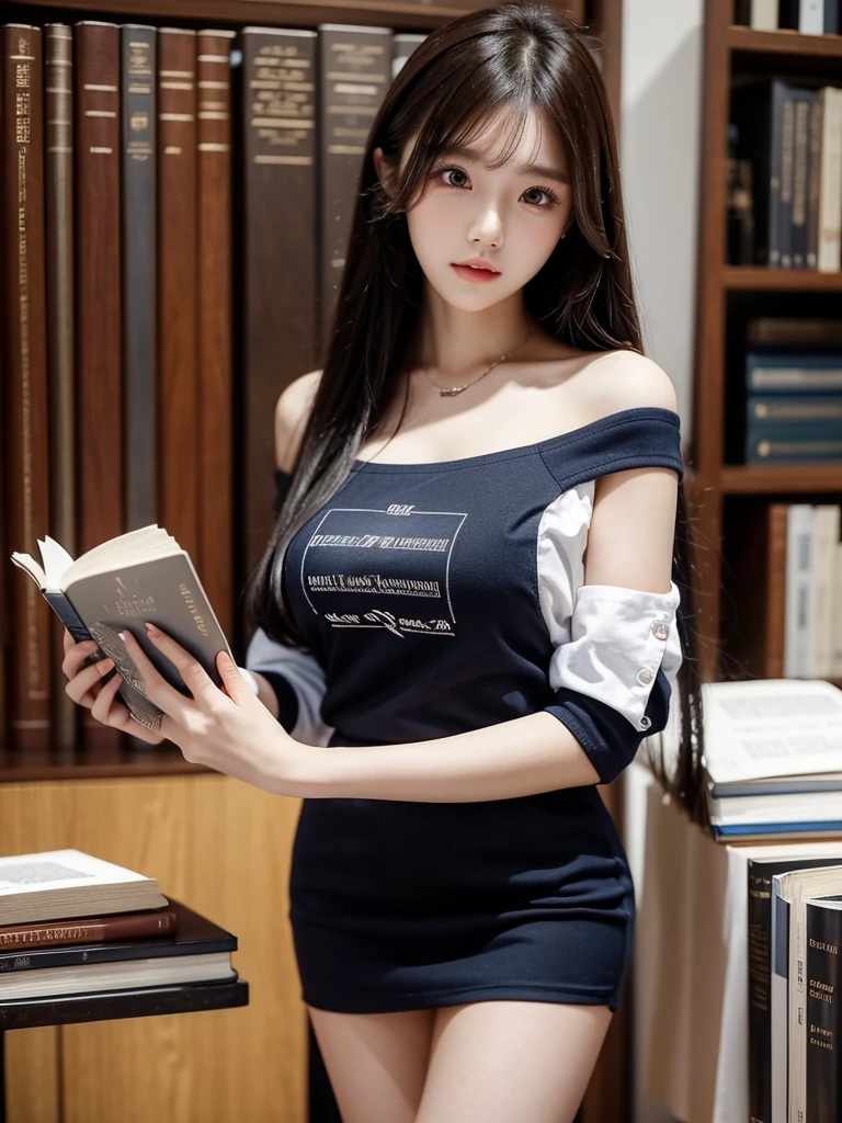 Beautiful woman wearing a white and dark blue Wearing  clothes mini dress with decorations on the shirt and visible shoulders and wearing boots and being photographed with a Library  background And I'm in an aesthetic library while holding a book ,Korean style swag, beautiful face so gorgeous, Beautiful eyes, y2k style