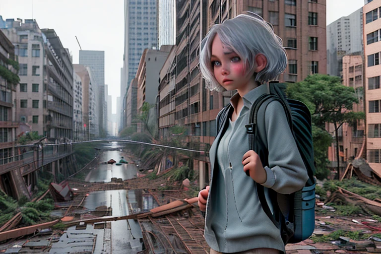 High resolution,high quality,(Perfect body),City overrun by plants,Building covered with plants,Ruined City,Collapsed building,Cracked road,One Girl,Short Hair,Silver Hair,紫の瞳,(Large backpack:1.5),Tired look,Blank look,Bust Shot