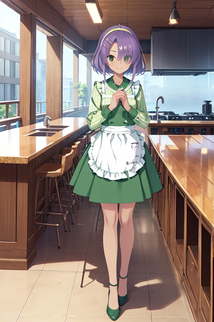 16k, highres, masterpiece, best quality,
cinematic film still,
a girl, in cafe, smile, cap on tray,
1girl, hmi, short_hair, small breasts, hair_over_one_eye, hairclip, tan striped, green dress, skirt, white apron, hairband,,
shallow depth of field, vignette, highly detailed, high budget, bokeh, cinemascope, moody, epic, gorgeous,
film grain, grainy,