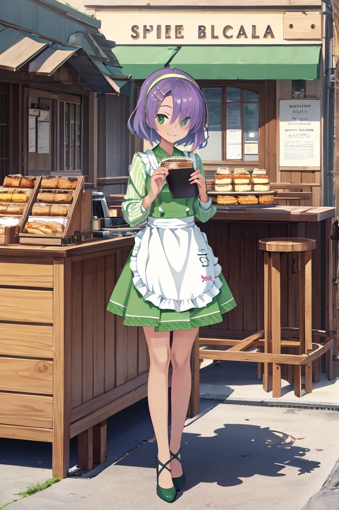16k, highres, masterpiece, best quality,
cinematic film still,
a girl, in cafe, smile, cap on tray,
1girl, hmi, short_hair, small breasts, hair_over_one_eye, hairclip, tan striped, green dress, skirt, white apron, hairband,,
shallow depth of field, vignette, highly detailed, high budget, bokeh, cinemascope, moody, epic, gorgeous,
film grain, grainy,