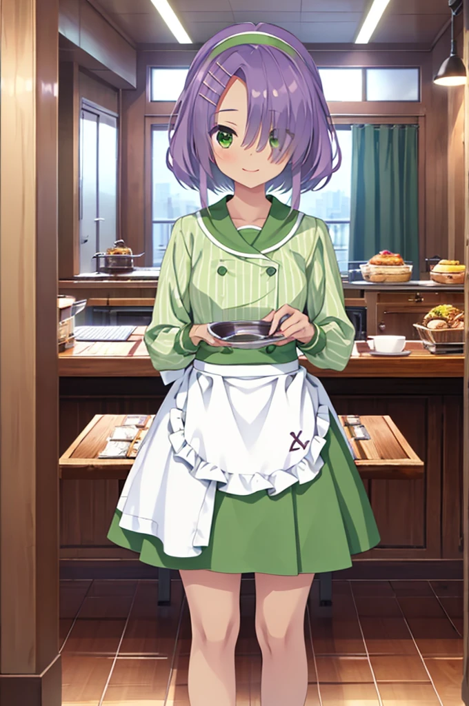 16k, highres, masterpiece, best quality, 
cinematic film still, 
a girl, in cafe, smile, cap on tray,
1girl, hmi, short_hair,   small breasts, hair_over_one_eye,  hairclip,  tan striped, green dress,  skirt, white apron,  hairband,, 
shallow depth of field, vignette, highly detailed, high budget, bokeh, cinemascope, moody, epic, gorgeous,
film grain, grainy,