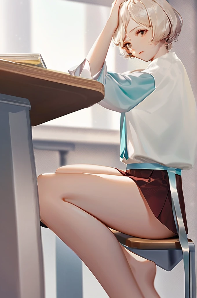 ((Лучшее качество)), ((шедевр)), (подробный), girl, girl in a short skirt, girl sitting at a desk, bottom view, visible 