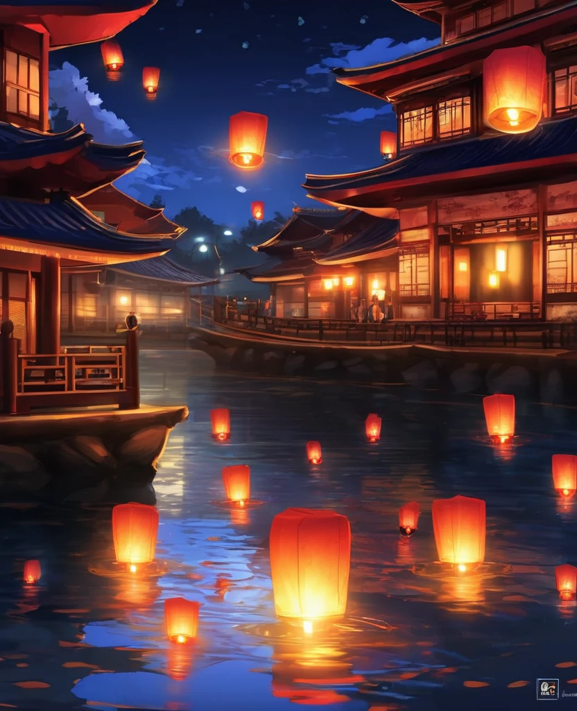 1.Place the river lanterns by the river,(((Kongming Lantern Wishing Lantern)))Many sky lanterns are lit on the water, floating lights, Lights and reflections, Glowing lights! Intermediate Metaverse Elements,number, glowing reflections, think. author:Shinkai Makoto, Water Lanterns, A quiet night. Digital Illustration, Beautiful Ambience, Night sky lights, Peaceful evening atmosphere, Beautiful number artwork, Low Detail. number, Beautiful Ambience