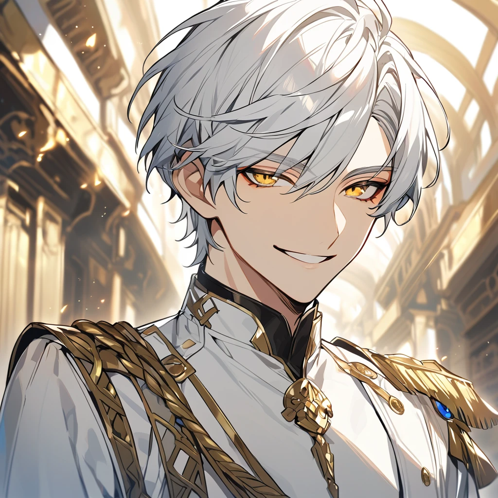 Handsome, solo, 1 male, short hair, gold eyes, white hair, white clothes, smile 