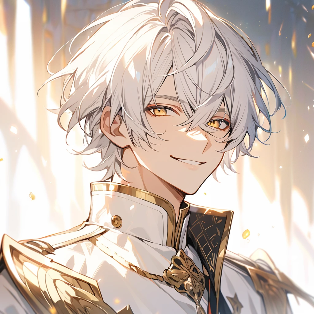 Handsome, solo, 1 male, short hair, gold eyes, white hair, white clothes, smile 