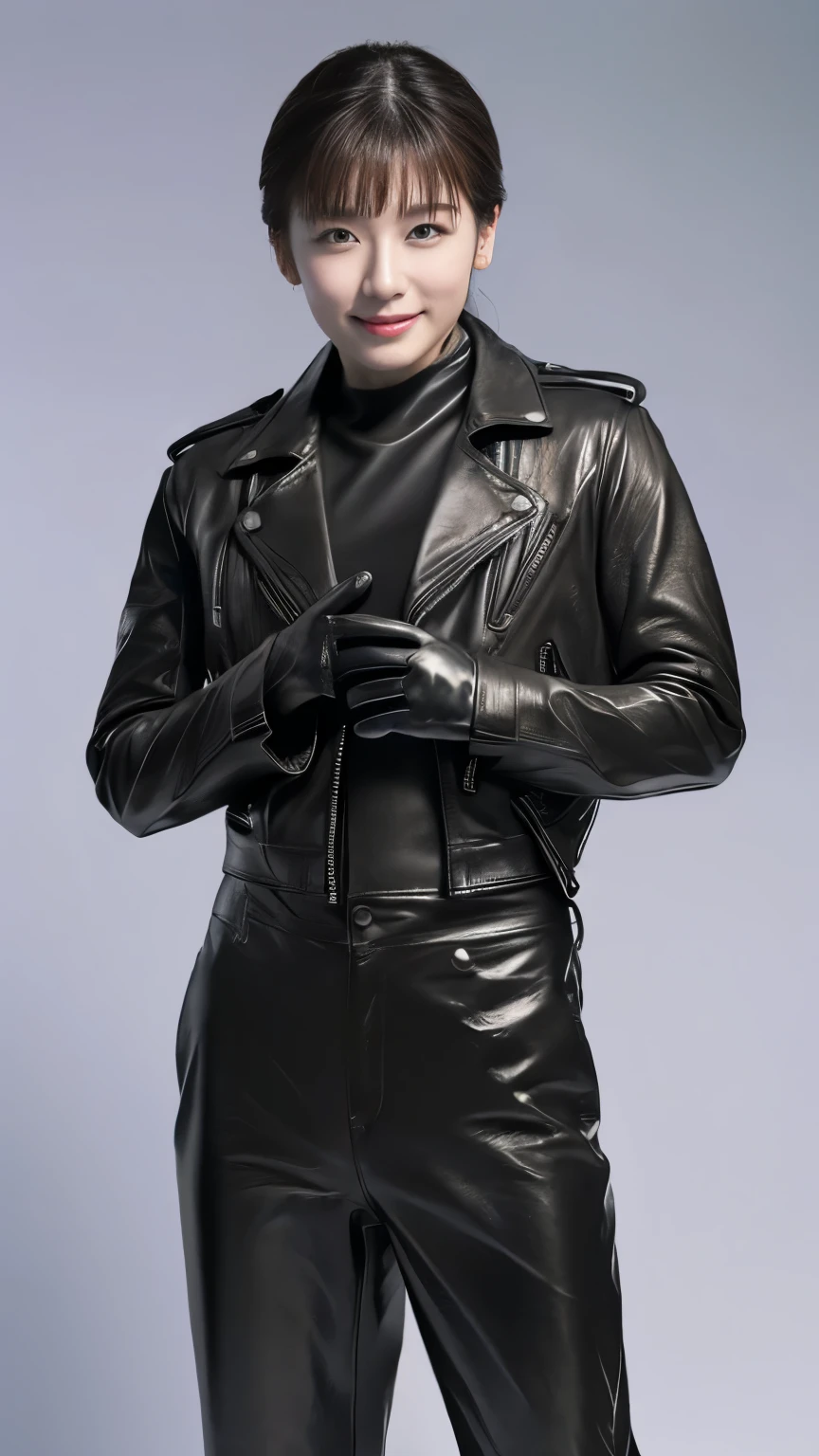 black leather rider jacket, , Black leather gloved fingertips on both hands,Wearing black leather gloves,Sitting in a black leather chair、 Japanese female new recruits (Black leather gloves cover both hands) (The angle is horizontal)、Black Leather Pants,Black Leather Black Leather Pants,Black Leather Skinny Pants、Long black leather boots on both feet、((He wears black leather gloves on his hands))Full Body Photo,full body shot full body full body leather suit,☺If you turn in this direction。Wearing black leather gloves,Wearing black leather gloves,Wearing black leather gloves,Wearing black leather gloves,Wearing black leather gloves,Wearing black leather gloves,黒のレザーパンツが美しい😍黒のレザーパンツが美しい😍黒のレザーパンツが美しい,😍Smiling while looking at me,City lights、Life-size (Neon Light)、Detailed lighting Best image quality、Ultra-high resolution、(realism:1.4)、Japanese Beauty Star、The most beautiful JPOP stars、face、Horny Korean Makeup、A body that makes you want to touch it、Realistic leather texture、Costume made of smooth leather fabric、The drape of the curved parts of the leather fabric、The costume is very shiny、Quality of the costume、8K Photo Quality
