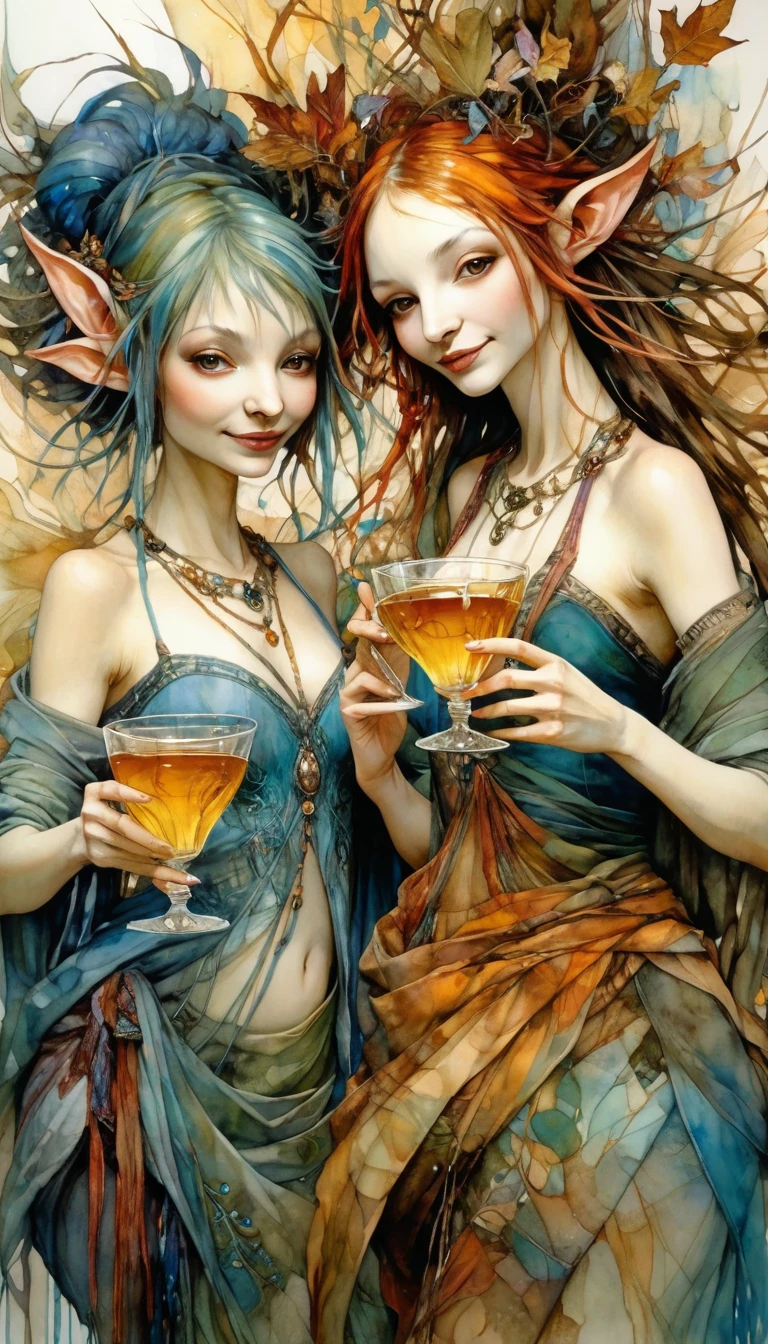 three women have fun and dance, each holding a cup of liquor, luxurious cups(art inspired by Brian Froud and Carne Griffiths and Wadim Kashin, intricate details, oil)
