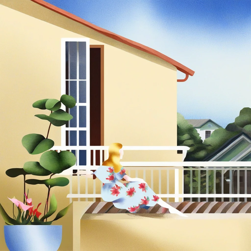 Imagine a serene setting where a Brazilian woman is the centerpiece of a tranquil watercolor scene. She sits comfortably on a concrete porch, her posture relaxed. Her straight blonde hair cascades over her shoulders, providing a lovely contrast to her light blue blouse and floral skirt. The red of her lips adds a pop of color that draws your eye, while her black flip-flops suggest a casual elegance. Beside her, a brown plaid bag rests against the porch railing, hinting at a story yet to be told. The setting is simple yet inviting: a beige wall with a window offering a glimpse of a tranquil interior and potted plants that add a touch of greenery and life to the composition.