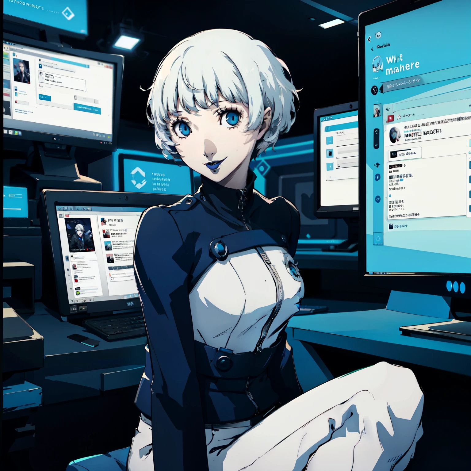 masterpiece, ((best quality)),((1 girl)), blue eyes, black lipstick, white hair, female , tomboy Pixie haircut, deep blue suit, white hair, white hair,smiling,hacker,in the,dark room,sitting,looking monitor,sexy
