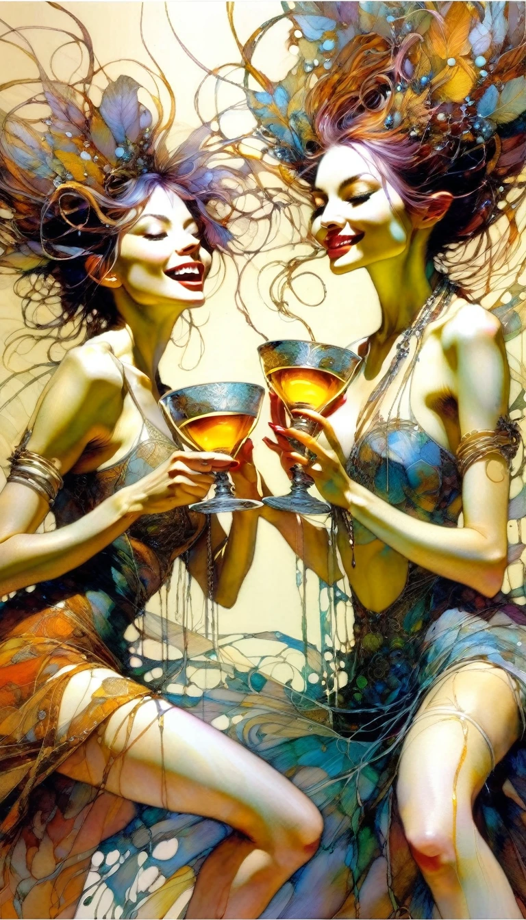 three women have fun and dance, each holding a cup of liquor, luxurious cups(art inspired by Brian Froud and Carne Griffiths and Wadim Kashin, intricate details, oil)
