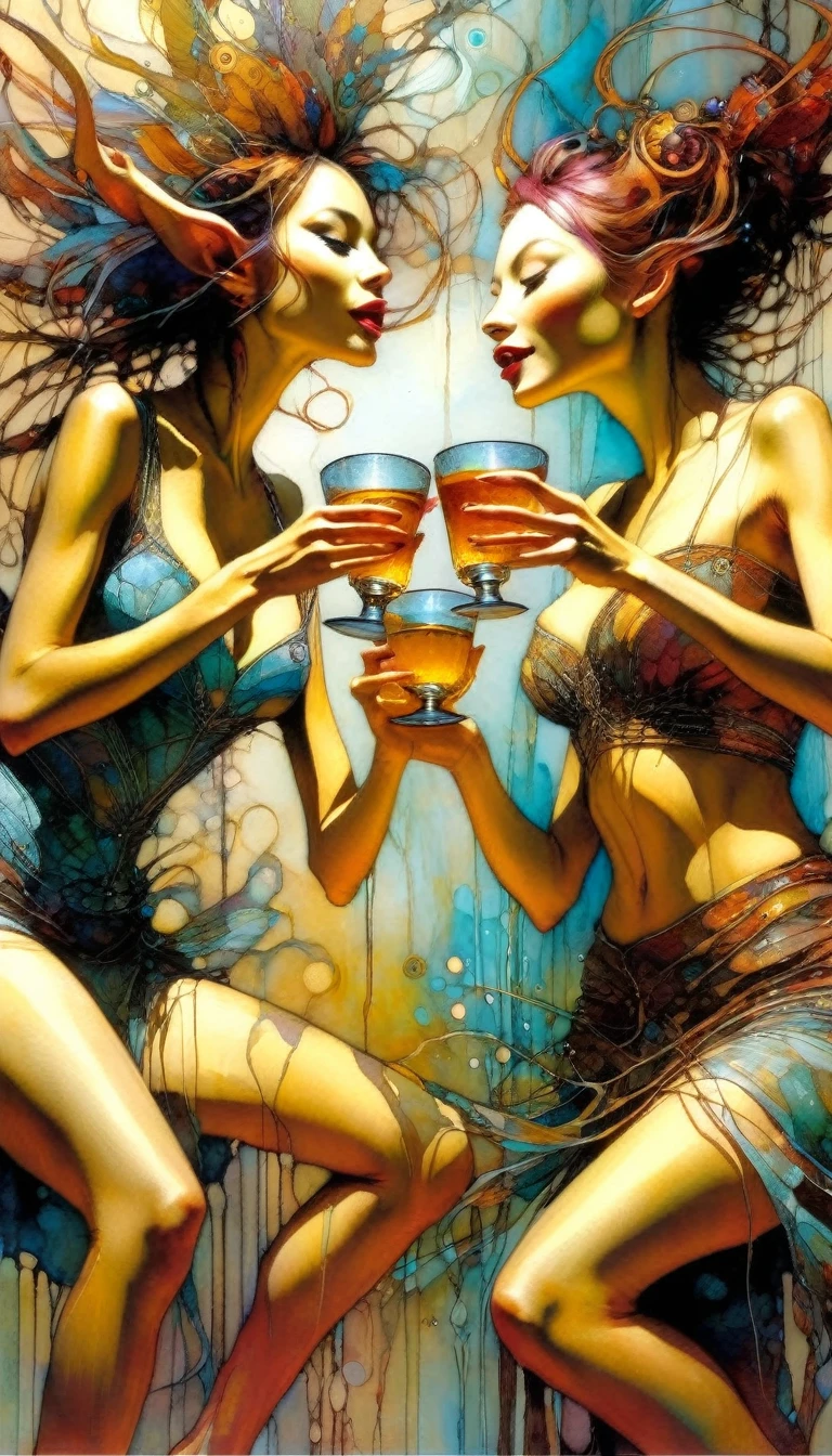 three women have fun and dance, each holding a cup of liquor, luxurious cups(art inspired by Brian Froud and Carne Griffiths and Wadim Kashin, intricate details, oil)