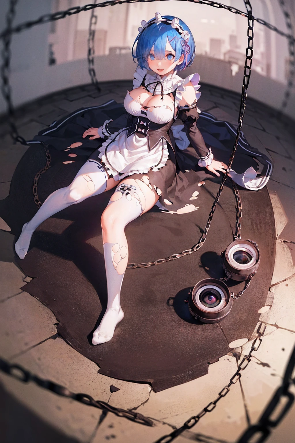 Rem tears off the chains、Plump、Show your pants、Fighting Pose、Weapons Morningstar、((Underground dungeon))、((The floor beneath my feet is crumbling))、((((Rem in chains)))),(((((Fisheye Lens)))))、((Super huge breasts))、(((Plump thighs)))、(((Rem from Re:Zero)))、looking at the camera、High qualityHigh quality、8ｋ、(((((Full body description)))))、Chest、Fantastic、(((((Torn maid uniform)))))、looking at the cameraで、barefoot、(((Tall Rem)))、Sweat splashes、Clothes are ripped off,(Torn knee-high socks)、